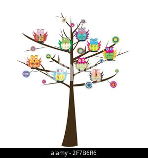 Colorful owls  sitting on the tree on white background Stock Vector