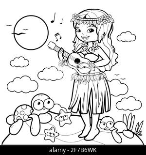 Hawaiian woman playing her guitar on a tropical island. Black and white coloring page. Stock Photo
