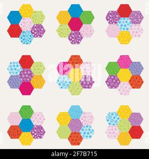 Patchwork pattern with flowers made of hexagonal patches on white background Stock Vector