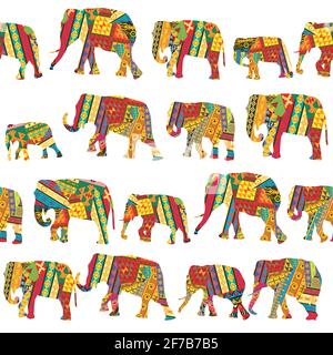 Seamless pattern with elephants in ethnic motifs on white background Stock Vector