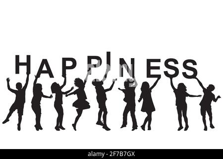 Kids silhouettes holding letters with word HAPPINESS in their hands Stock Vector
