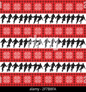 Ethnic motifs background with folk dance ensemble silhouettes Stock Vector