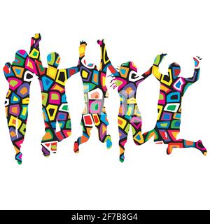 Colorful patterned silhouettes of people holding by hands and jumping.ai Stock Vector
