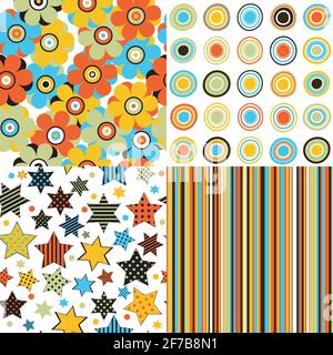 Set of patterns for kids with stars, stripes, flowers and round shapes Stock Vector