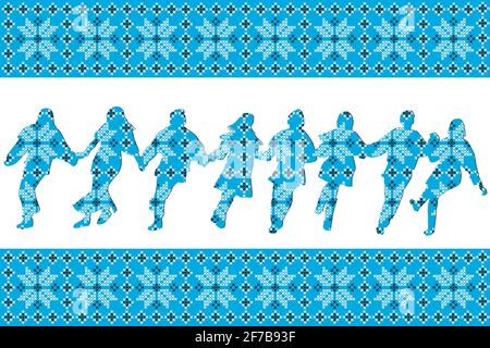 Blue ethnic motifs background with traditional dancers silhouettes Stock Vector