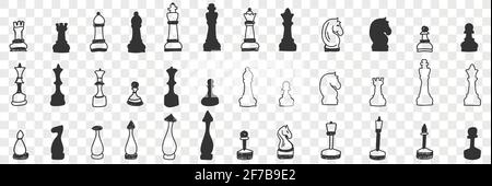 Chessmen on board doodle set. Collection of hand drawn various chessmen for playing game white and black on board for chess isolated on transparent background Stock Vector