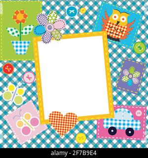 Patchwork for kids with childish sewed elements and frame Stock Vector