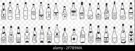 Bottles for alcohol doodle set. Collection of hand drawn various shapes and forms of glass bottle for keeping wine and liquids isolated on transparent background Stock Vector
