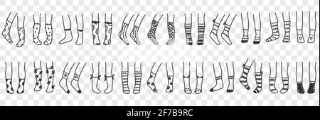 Socks for wearing doodle set. Collection of hand drawn human high and short socks accessories fashion for warming up feet with various patterns isolated on transparent background Stock Vector