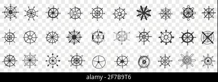 Steering wheel assortment doodle set. Collection of hand drawn various styles of circle steerings wheels on ships boats transport isolated on transparent background Stock Vector