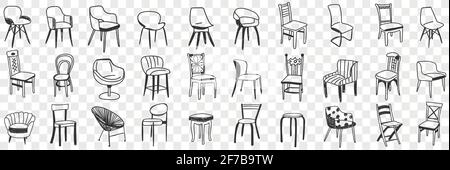Chairs and armchairs doodle set. Collection of hand drawn various chairs of different designs for rooms flats offices interiors isolated on transparent background Stock Vector