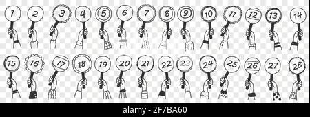 Human hands with number signs doodle set. Collection of hand drawn human hands holding signs with numbers from one to twenty eight isolated on transparent background Stock Vector