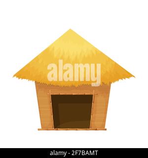 Beach hut or bungalow with straw roof, wooden in cartoon style isolated on white background. Bamboo cabin, small house exotic object. Vector illustration Stock Vector