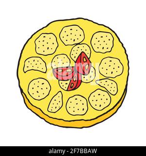 Vector hand-drawn tortilla. Spanish cuisine dish. Design sketch element for menu cafe, bistro, restaurant, bakery, label and packaging. Colorful Stock Vector