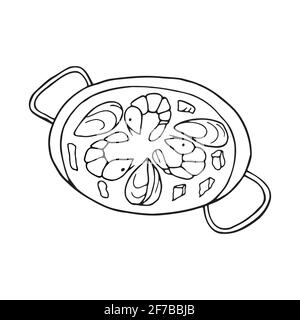 Vector hand-drawn paella. Spanish cuisine dish. Design sketch element for menu cafe, bistro, restaurant, label and packaging. Illustration Stock Vector