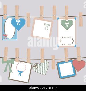 Set of cute frames and decorations hanging on a rope in cloth pegs Stock Vector