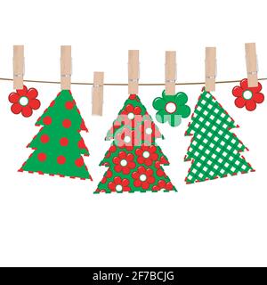 Patchwork with Christmas tree hanging on a rope in cloth pegs Stock Vector