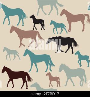 Vintage seamless background with horses silhouettes Stock Vector