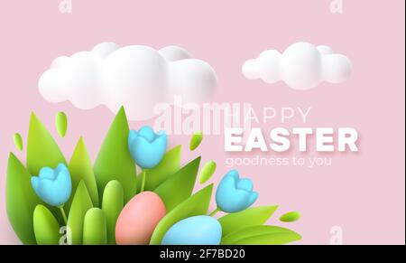 3D trendy Realistic Easter greeting card, banner with flowers, Easter eggs and clouds. Spring floral Modern 3d Easter graphic concept. Vector Stock Vector