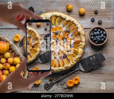 Apricot cake or pie with fresh fruits Stock Photo