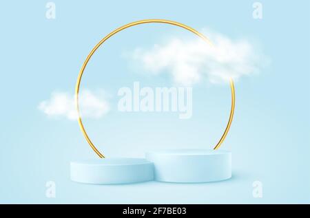 Realistic Blue product podium with golden round arch and clouds. Product podium scene design to showcase your product. Realistic 3d vector Stock Vector
