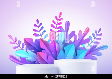 Realistic product podium with fantastic tropical leaves. Product podium scene design to showcase your product. Realistic 3d vector illustration Stock Vector