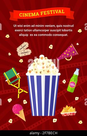 Vector flat movie elements with popcorn, drink, snacks and ice cream. Concept cinema festival. Stock Vector