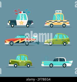 Urban Retro Cartoon Cars Icons Set in a Flat Design Stock Vector