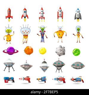 Super set of space, planets, ufo, rockets, aliens, blasters, for games, applications, advertisements, posters, animation, vector, isolated, cartoon Stock Vector