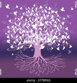 A tree of life with white birds sitting on the branches and flying around the tree. The background is a purple gradient Stock Vector