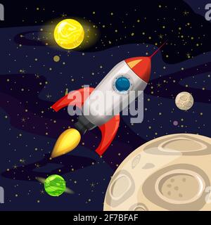 Space rocket launch, spaceship, space background, cartoon style, Vector illustration Stock Vector