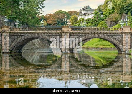 Seimon Ishibashi Bridge and Nishinomaru Gate at Imperial Palace seen Kokyogaien National Gardens, Tokyo, Japan Stock Photo