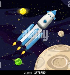 Space rocket launch, spaceship, space background, cartoon style, Vector illustration Stock Vector
