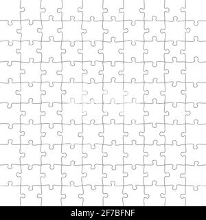 Jigsaw Puzzle 10x10 square piece template. Jigsaw puzzle grid vector stroke scheme Stock Vector