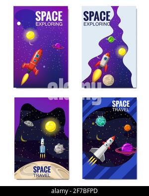 Set of space Template , space travel, exploration of the universe, other planets, flying rockets, stars of distant galaxies, vector, banner Stock Vector