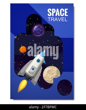 Outline outer space rocket space travel, exploration of the universe, other planets, flying rockets, stars of distant galaxies, template of flyear Stock Vector