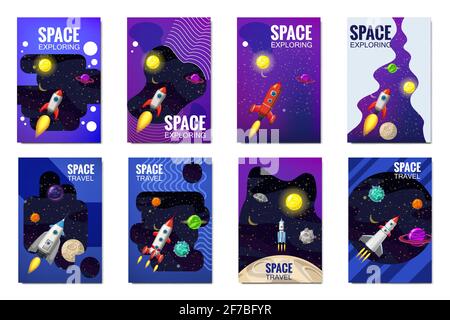 Set space rocket travel cards, exploration of the universe, other planets, flying rockets, stars of distant galaxies, template of flyear, magazines Stock Vector