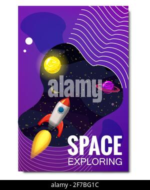 Space rocket space travel, exploration of the universe, other planets, flying rockets, stars of distant galaxies, template of flyear, magazines Stock Vector
