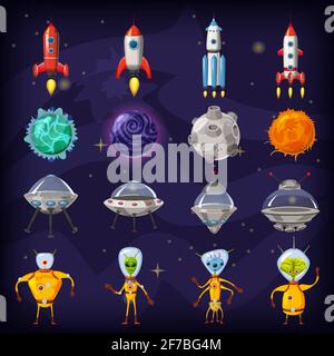 Space cartoon icons set. Planets, rockets, ufo elements on cosmic background, vector, isolated, cartoon style Stock Vector