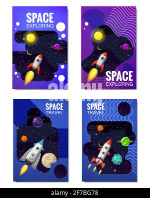 Set of space Template , space travel, exploration of the universe, other planets, flying rockets, stars of distant galaxies, vector, banner Stock Vector