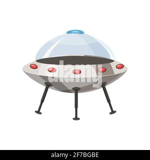 Ufo flying spaceship isolated on white cartoon style. Alien transport futuristic. Vector illustration, baner, poster Stock Vector