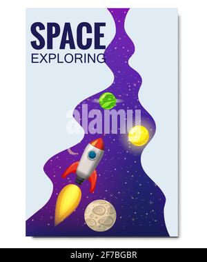Outline outer space rocket space travel, exploration of the universe, other planets, flying rockets, stars of distant galaxies, template of flyear Stock Vector