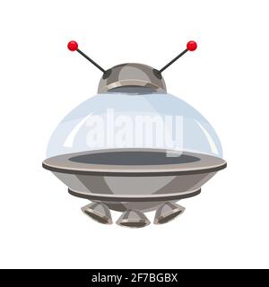 Ufo flying spaceship isolated on white cartoon style. Alien transport futuristic. Vector illustration, baner, poster Stock Vector
