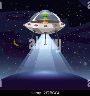 Ufo poster. Flying saucer, alien, sartoon style, vector illustration Stock Vector