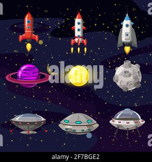Space cartoon icons set. Planets, rockets, ufo elements on cosmic background, vector, isolated, cartoon style Stock Vector