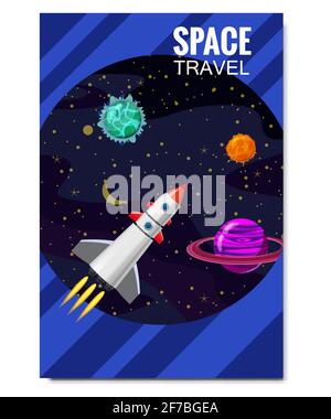 Outline outer space rocket space travel, exploration of the universe, other planets, flying rockets, stars of distant galaxies, template of flyear Stock Vector