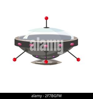 Ufo flying spaceship isolated on white cartoon style. Alien transport futuristic. Vector illustration, baner, poster Stock Vector