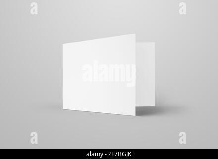 Business mockup folding brochure with realistic shadows isolated on gray background. Template of a standing booklet and showing the front side. White Stock Photo