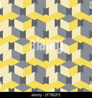 3D isometric cube vector seamless pattern background. Overlapping stacked yellow grey cubes geometric. backdrop. Abstract chevron effect with Stock Vector