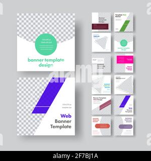 Set of white vector square web banners with place for photo and different geometric color design elements. Templates for social networks and sites. Stock Vector